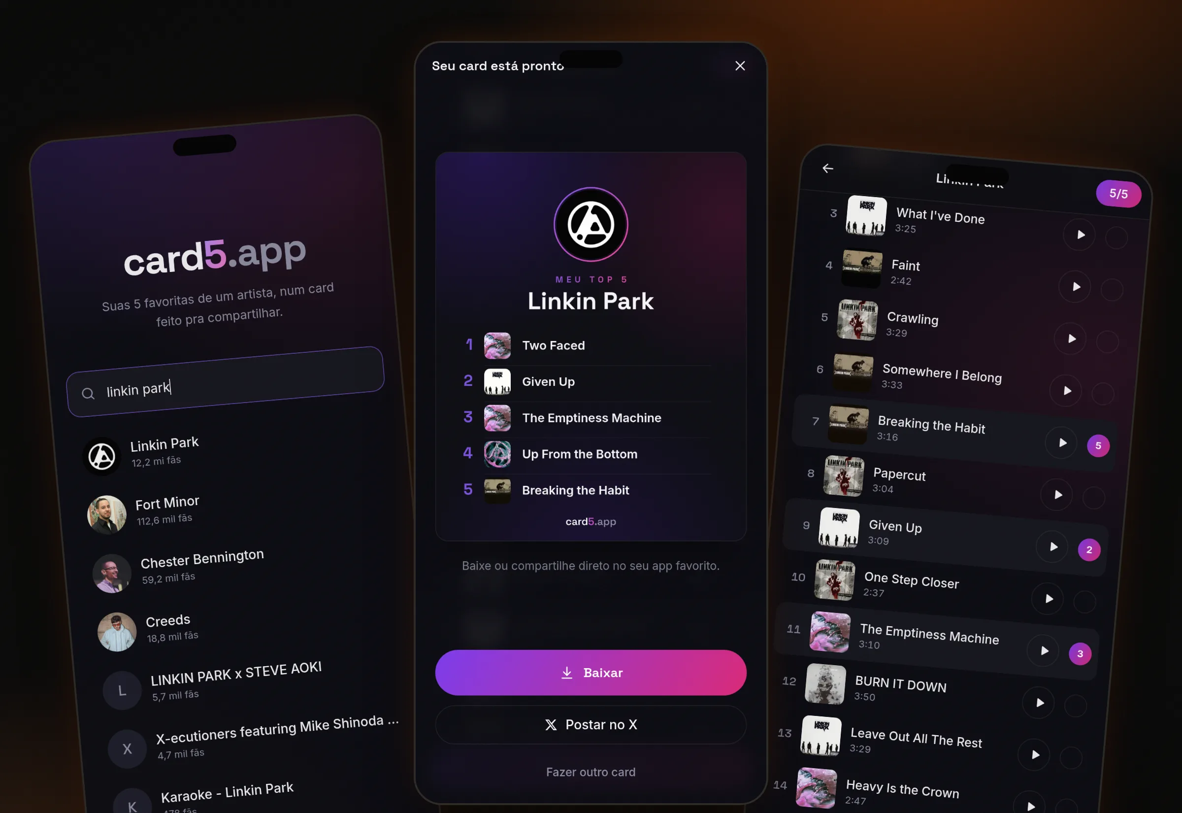 Telas do card5.app: busca de artista, escolha do top 5 e card final do Linkin Park