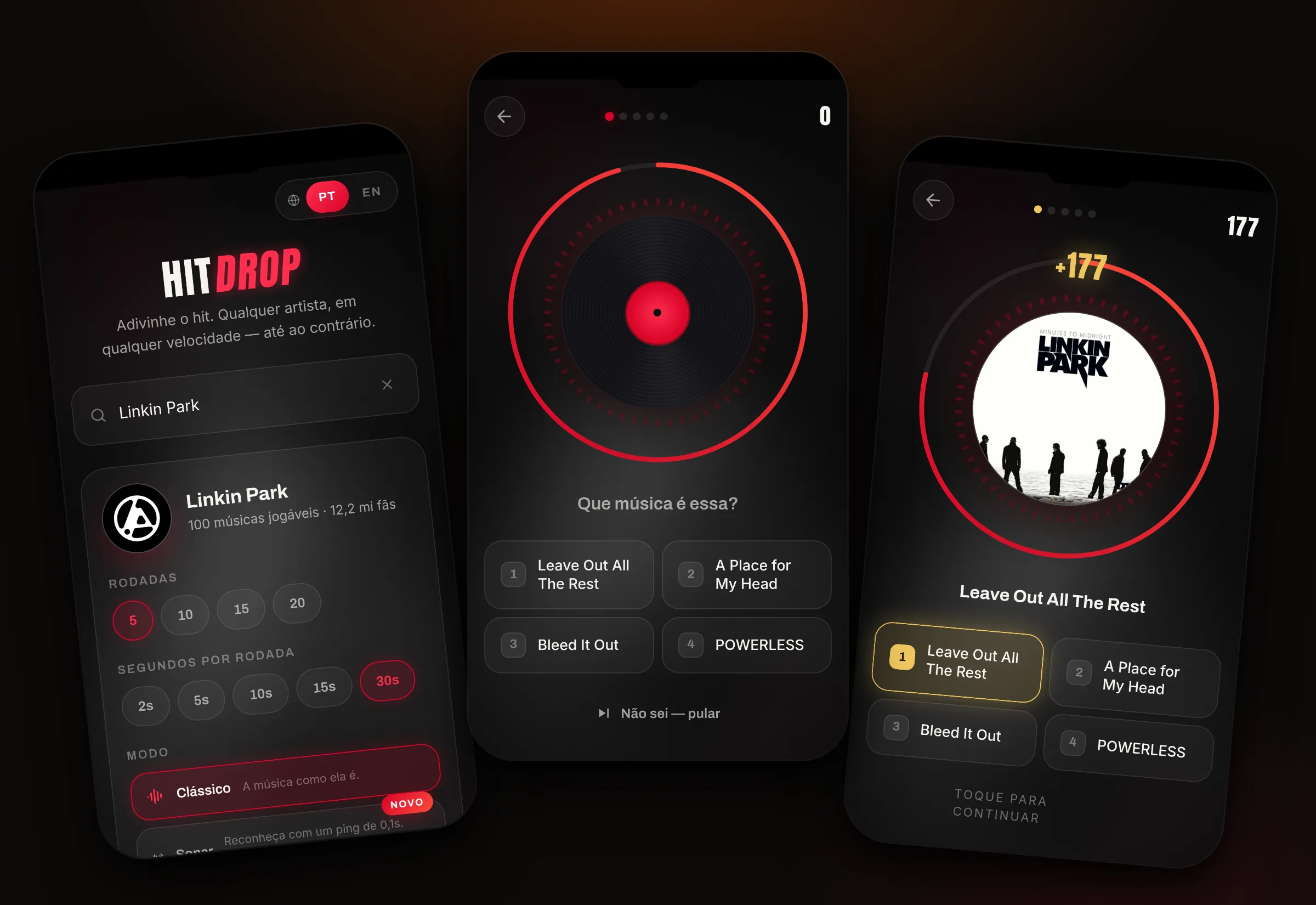 Telas do HitDrop: configuração, rodada com vinil girando e reveal da resposta