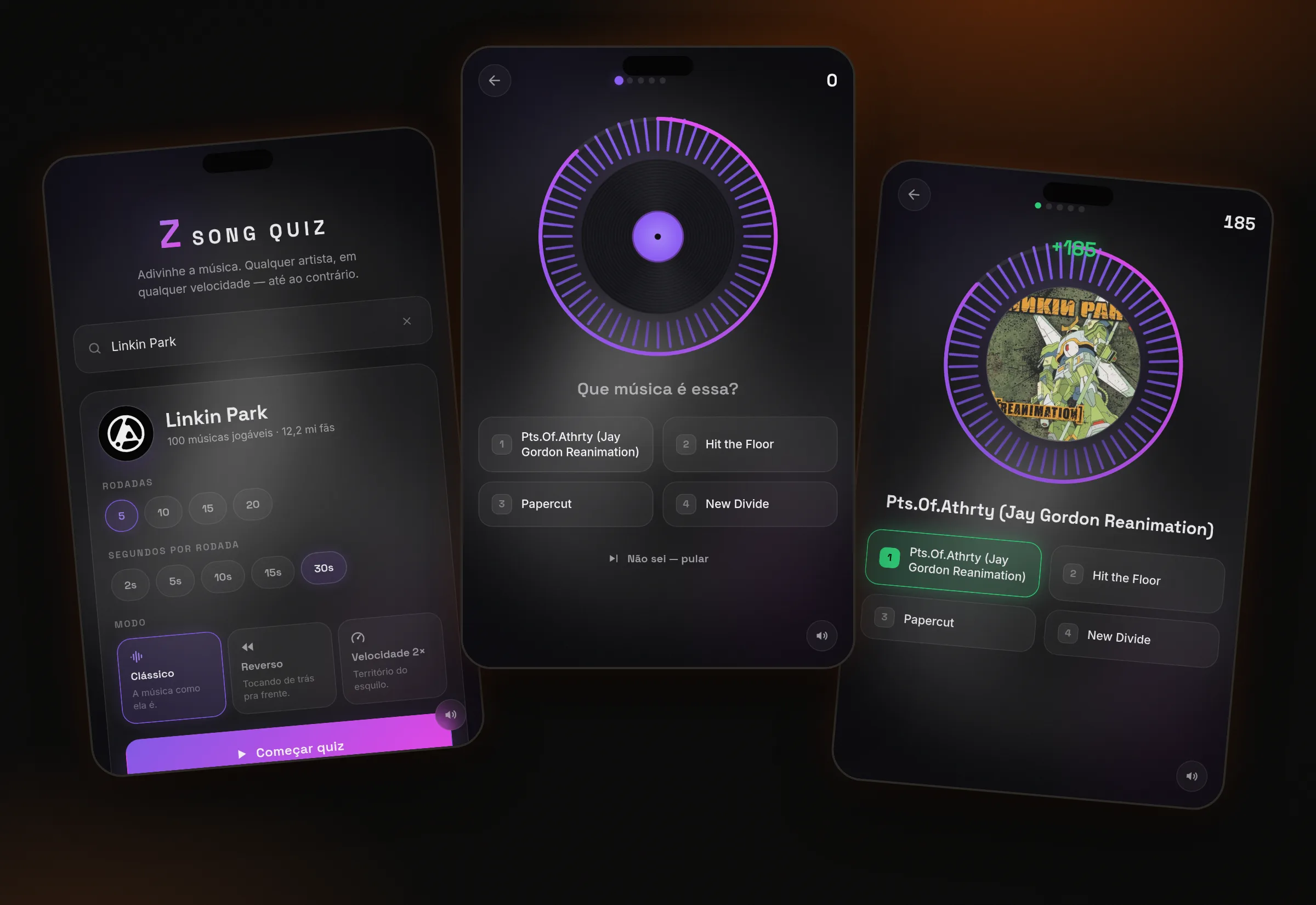 Telas do Song Quiz: configuração, rodada com vinil girando e reveal da resposta