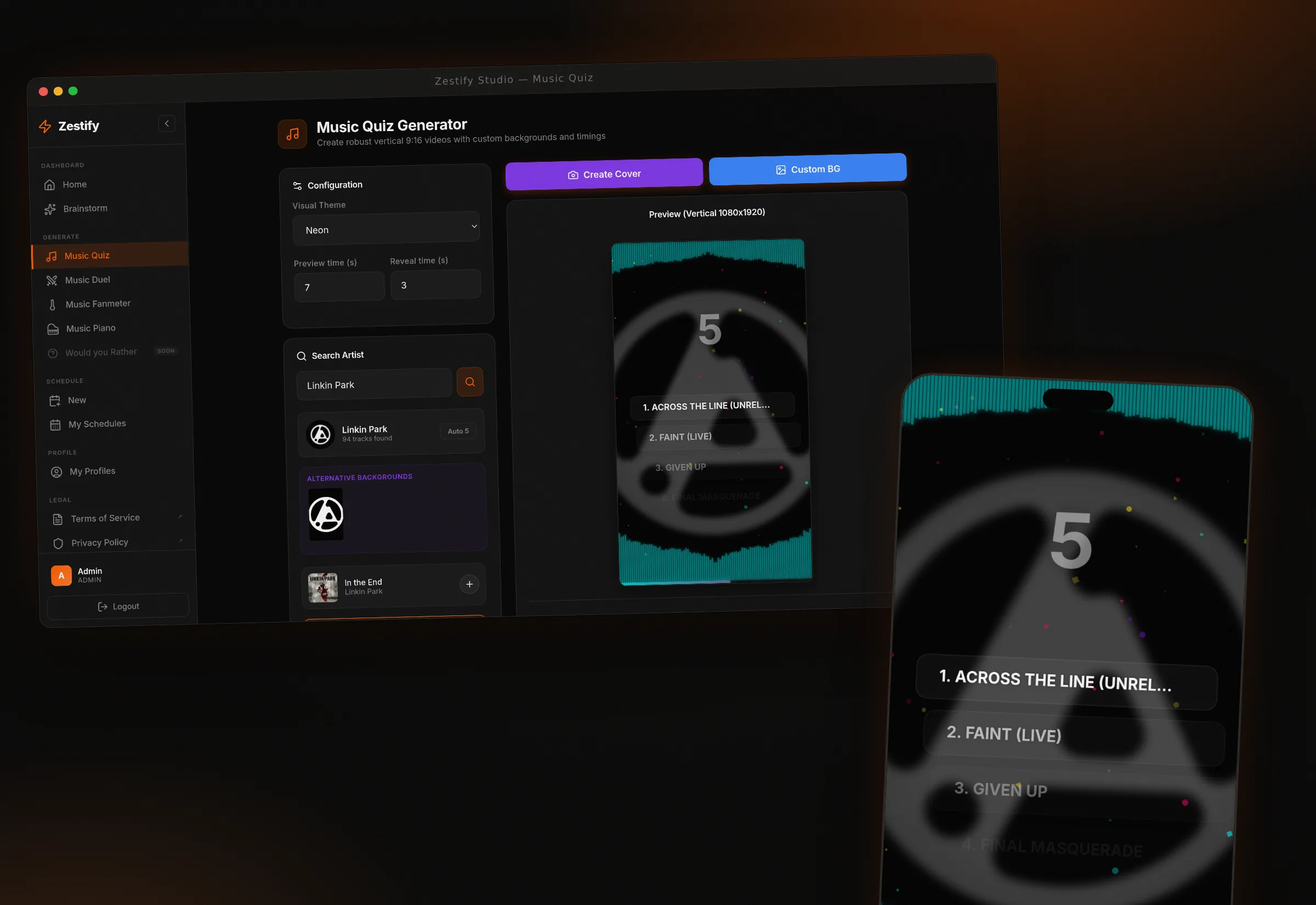 Telas do Zestify Studio: gerador de music quiz com preview vertical